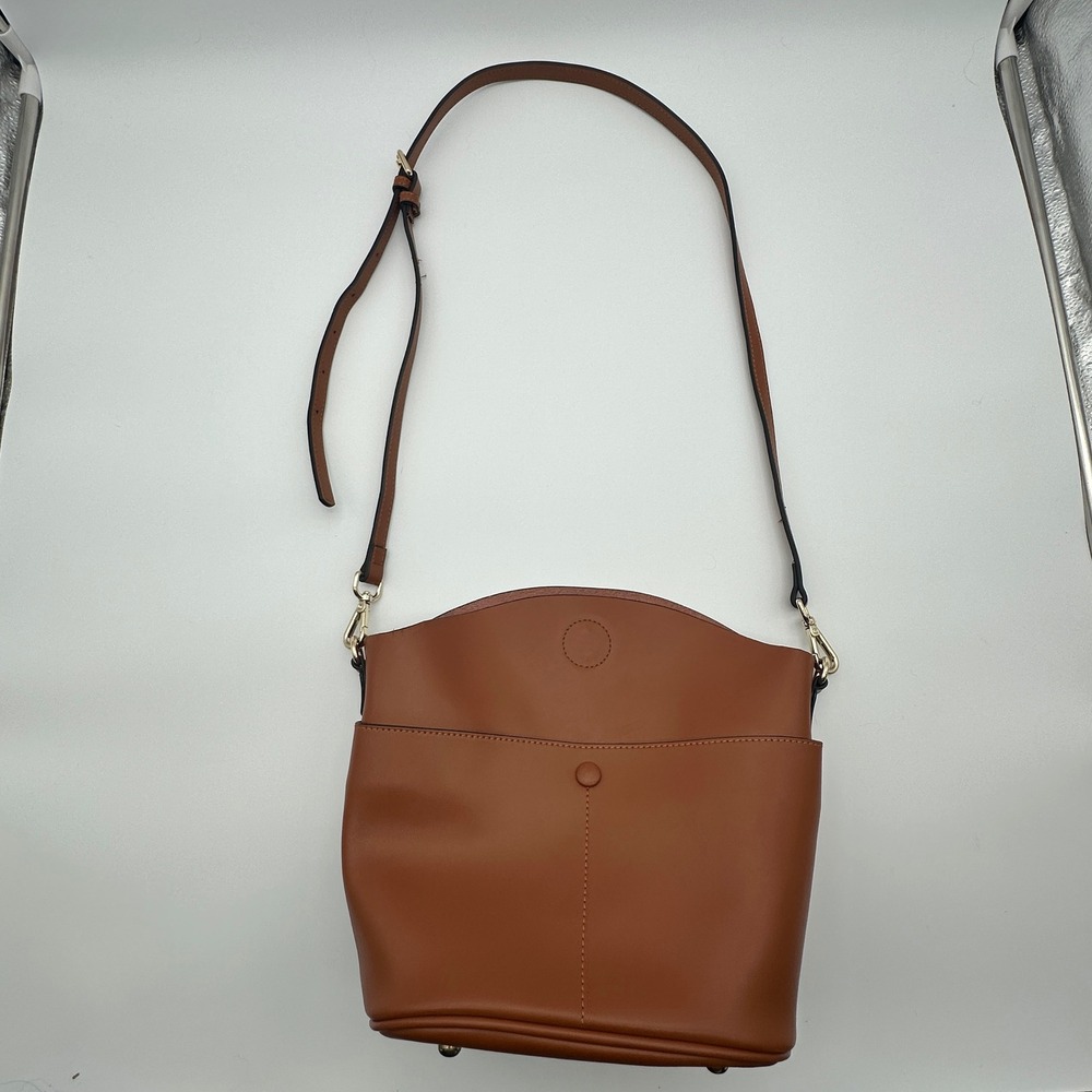 S-ZONE Brown Leather Crossbody Bucket Bag D03V202103 Cognac Medium